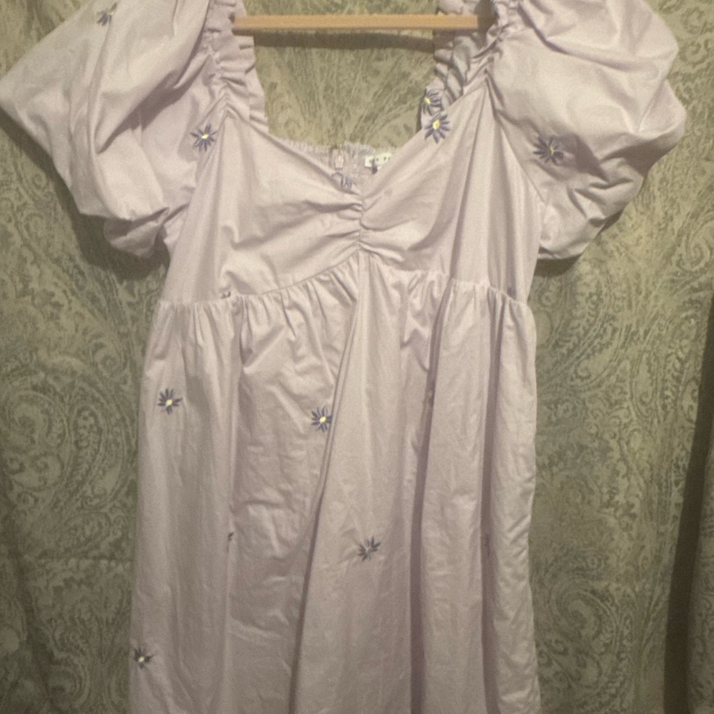 English Factory Lilac Puff Sleeve Dress with Floral Appliqués